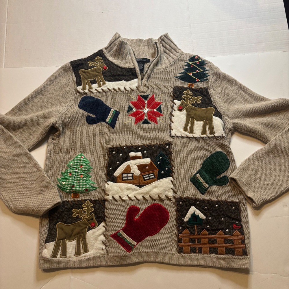 Patchwork Christmas Quarter Zip Sweater, Reindeer Cabin Appliqué M Cabincore 90s